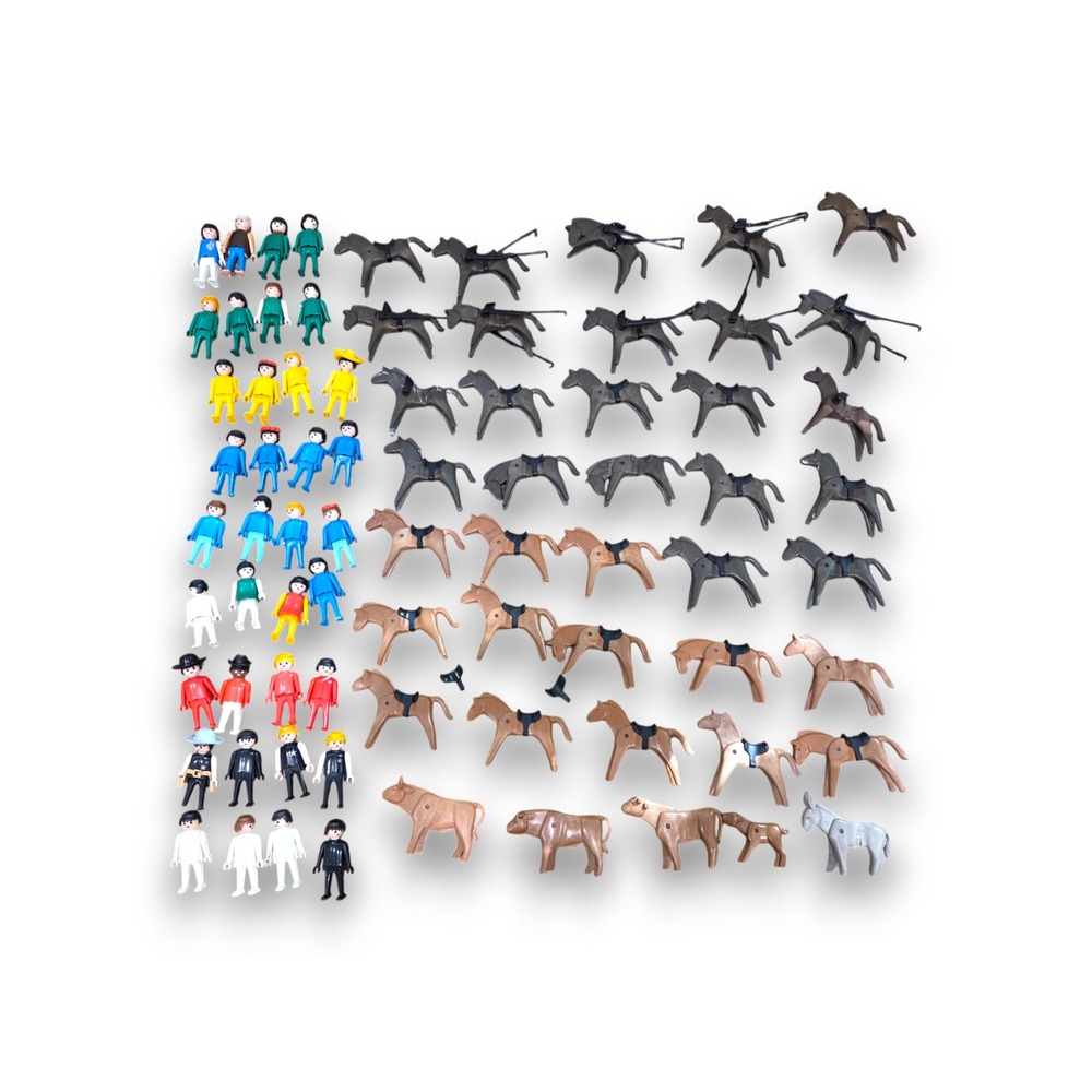 Large Huge Lot Vintage 1974 Playmobil Figures 36 People + 40 Horses Oxen Donkey